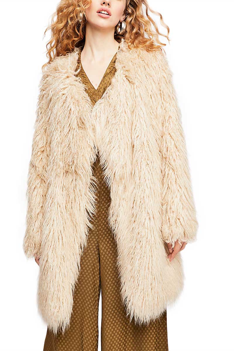 $398 NWT FREE PEOPLE SzS FLORENCE SHAGGY FAUX FUR OPEN COAT SAND 