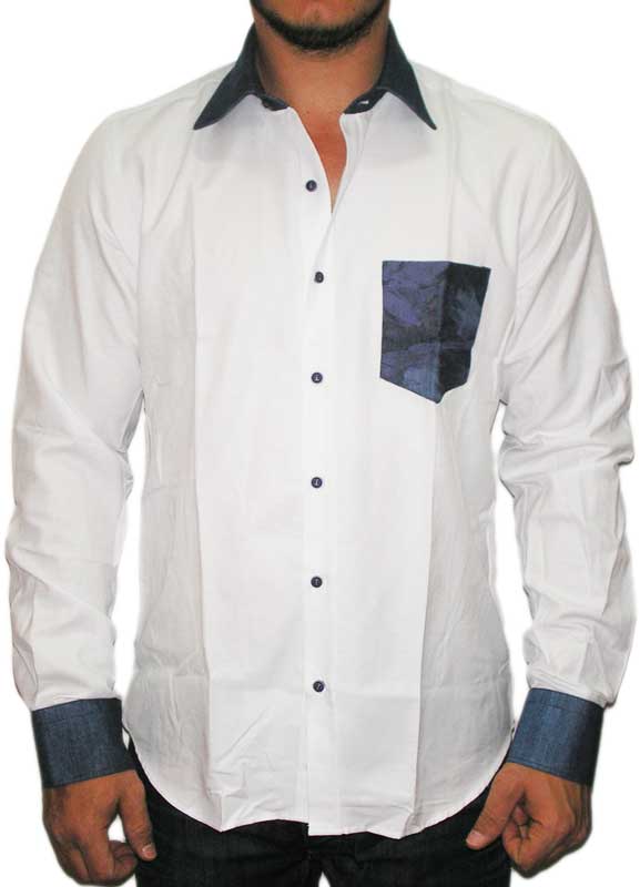 Ανδρικό λευκό πουκάμισο με κοντράστ τσέπη και γιακά