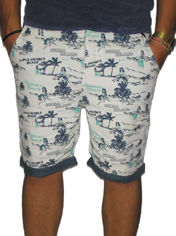 Ανδρική chino βερμούδα μπεζ με μπλε Flamenco beach print