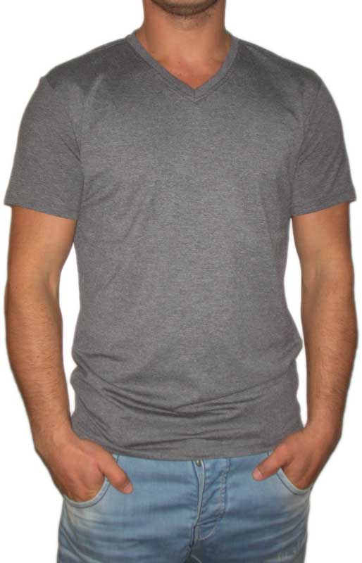 Ανδρικό μονόχρωμο ανθρακί μελανζέ t-shirt με V λαιμό
