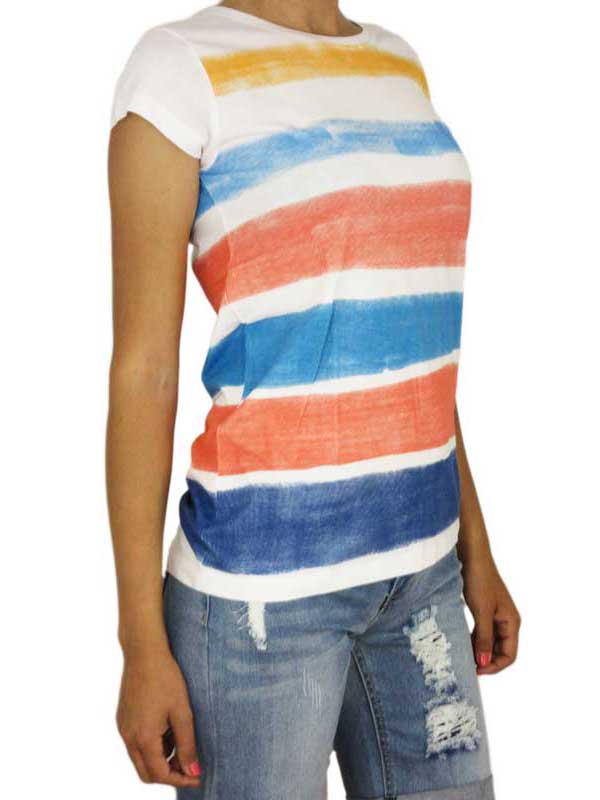 Γυναικεία μπλούζα με φαρδιές ρίγες κοραλί-μπλε