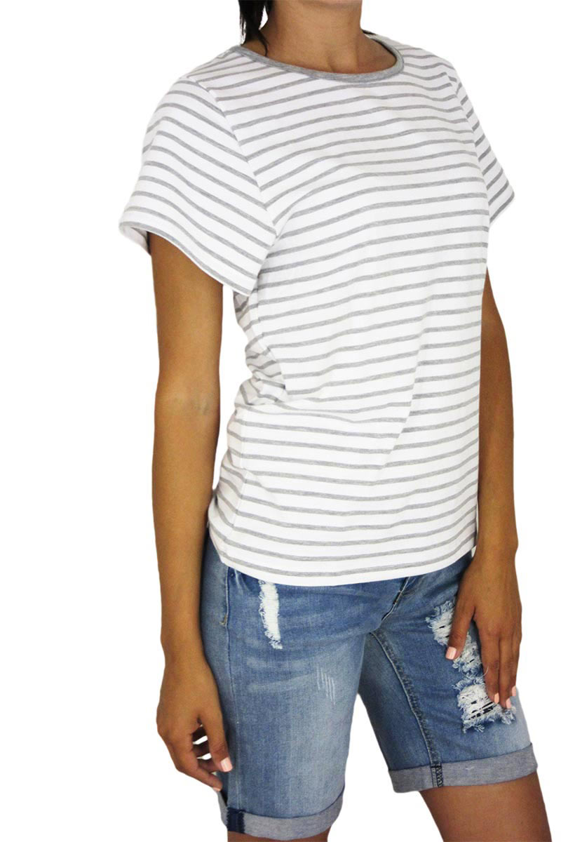 Γυναικείο ριγέ t-shirt λευκό-γκρι