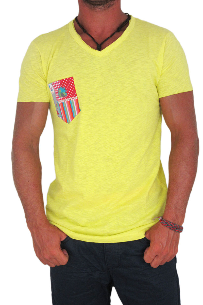 Ανδρικό t-shirt βαμβακερή φλάμα κίτρινο με τσεπάκι