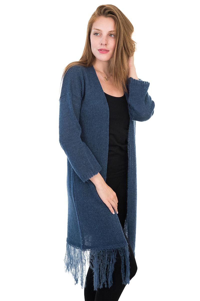 Agel Knitwear μακριά πλεκτή ζακέτα μπλε με κρόσια