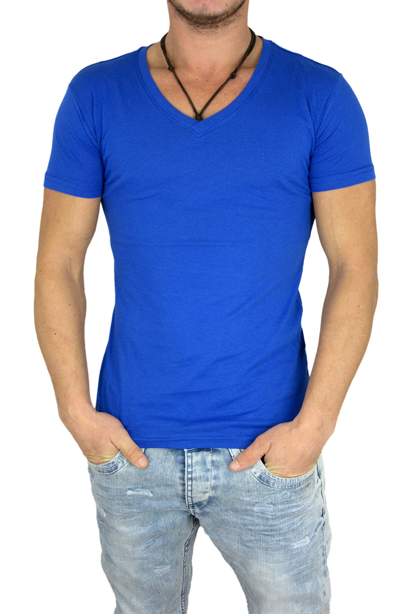 Ανδρικό t-shirt μπλε ρουά με V λαιμόκοψη