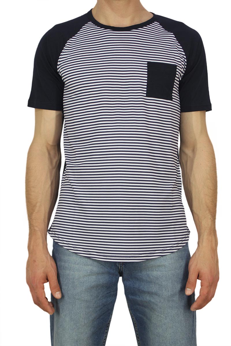 Bigbong ανδρικό longline t-shirt ριγέ navy με τσέπη