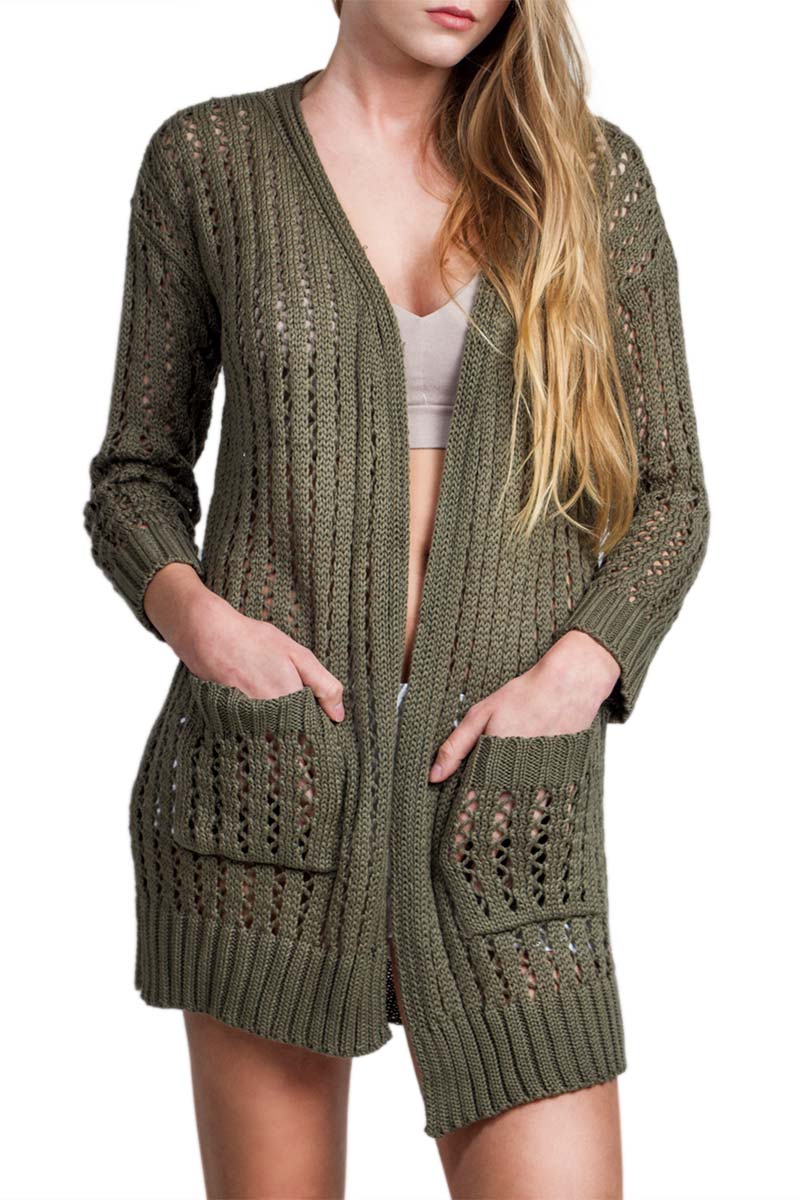 Agel Knitwear μακριά πλεκτή ζακέτα χακί με τρύπες