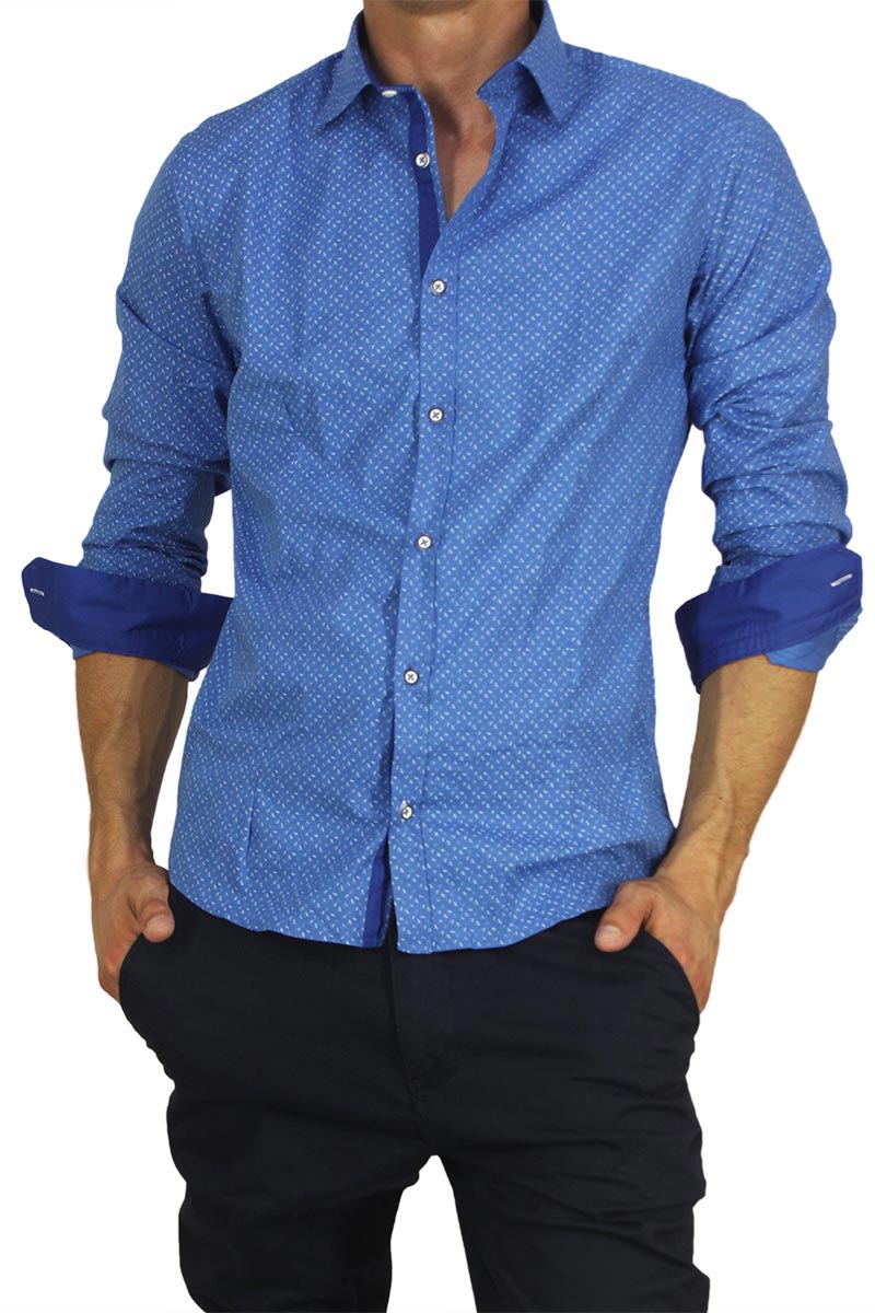 Ανδρικό πουκάμισο μπλε με λευκό πριντ