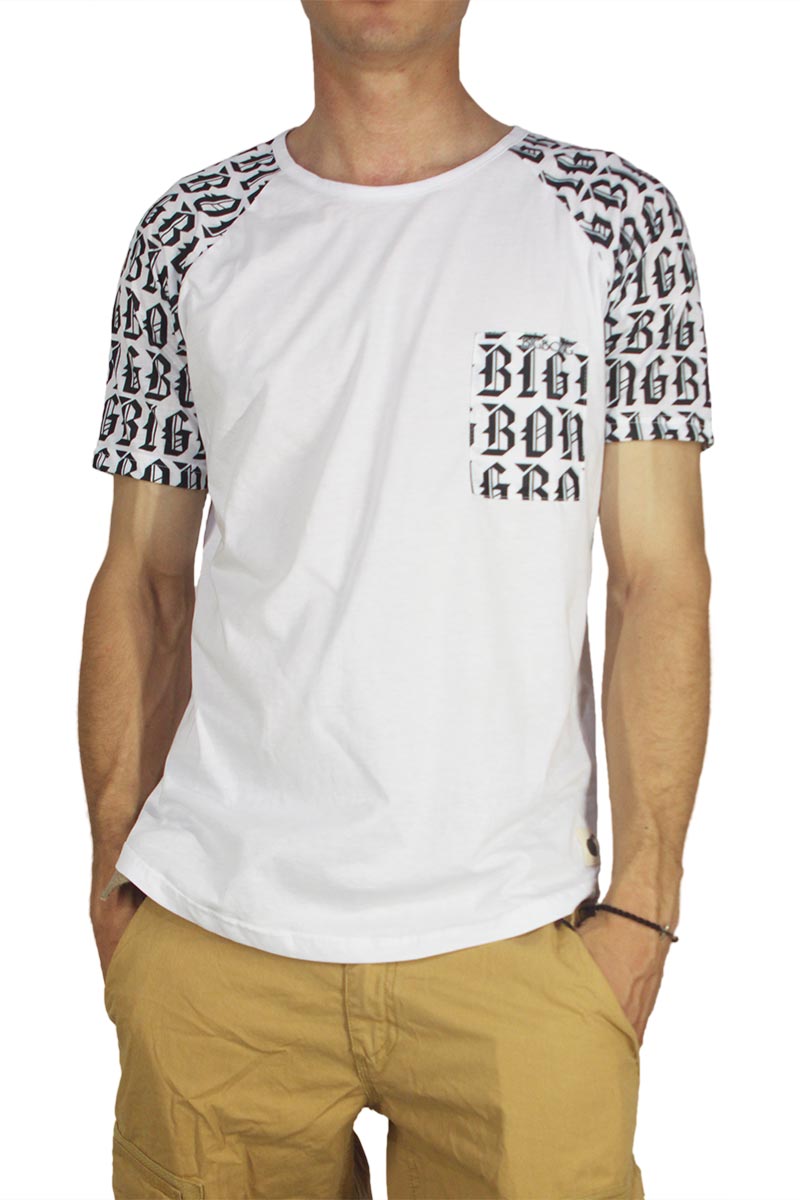 Bigbong longline t-shirt λευκό με logo πριντ μανίκια