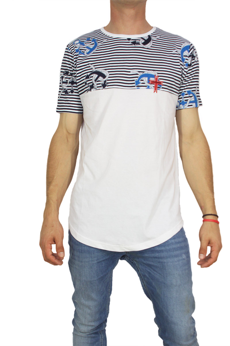 Crossover ανδρική μπλούζα longline λευκή με ριγέ πάνελ