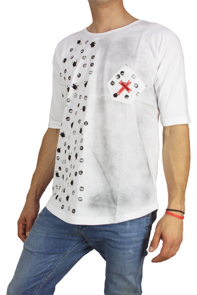 Crossover ανδρική μπλούζα longline λευκή με λοξό τσεπάκι