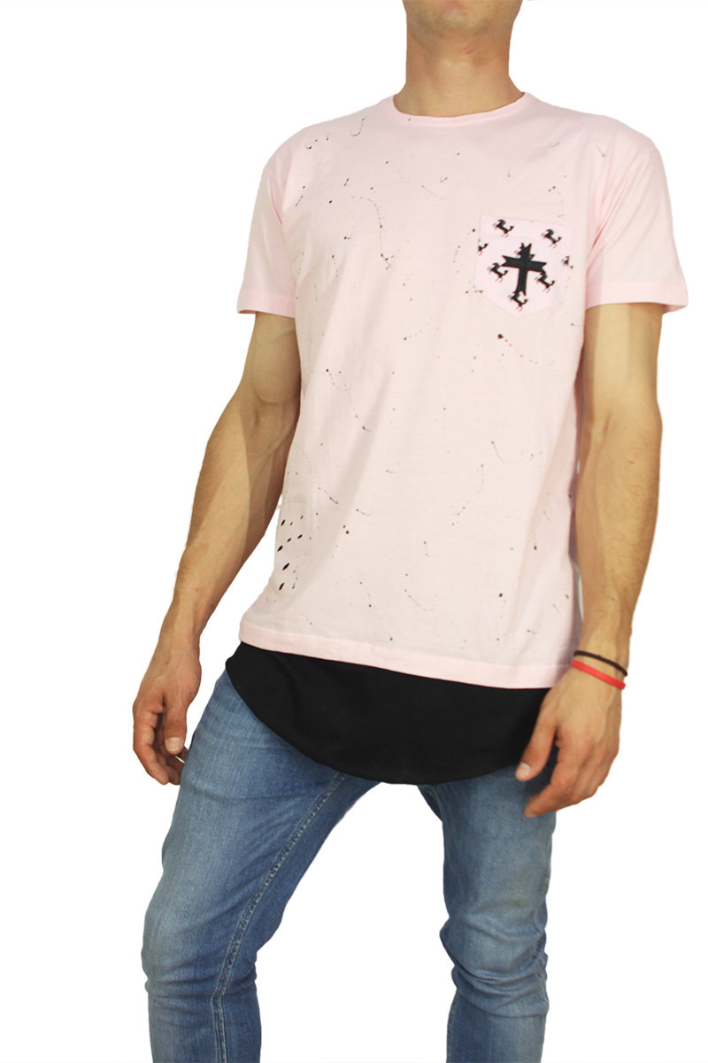 Crossover ανδρική μπλούζα longline ροζ με τσεπάκι