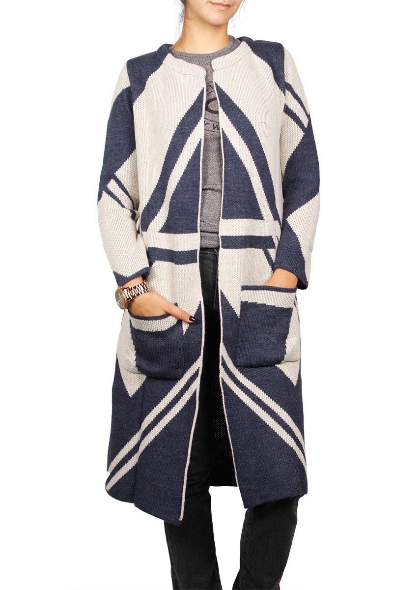 Agel Knitwear longline πλεκτή ζακέτα μπλε-εκρού