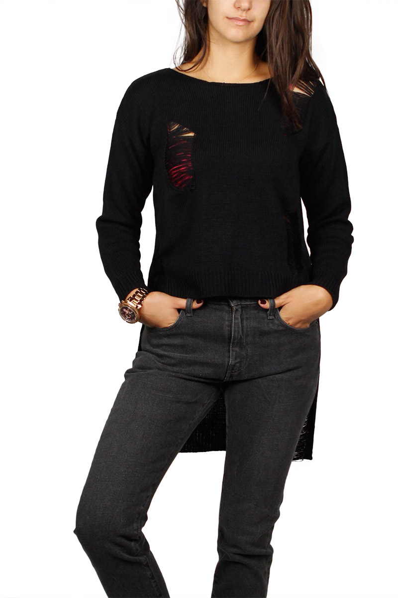 Agel Knitwear πλεκτή μπλούζα μαύρη με σκισίματα