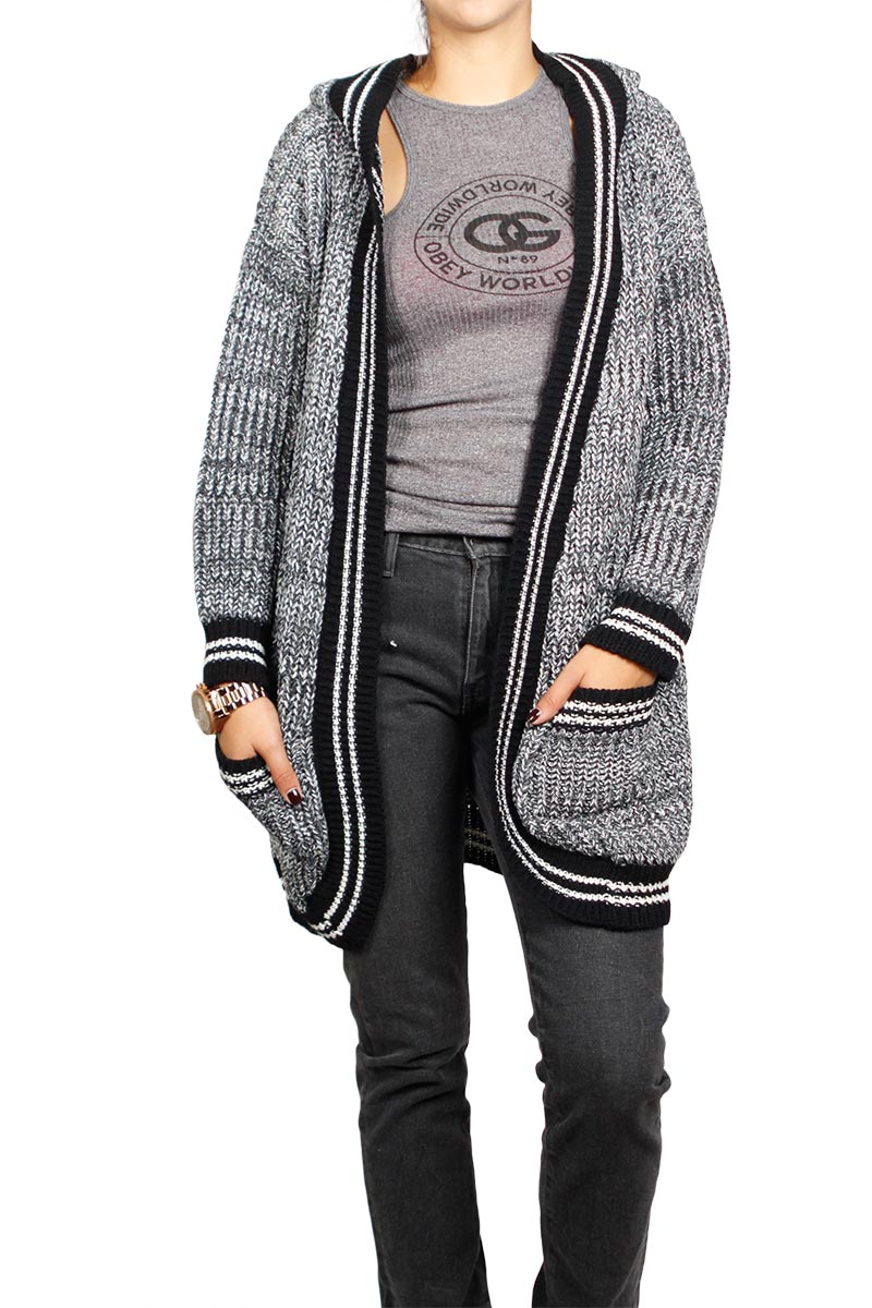 Agel Knitwear πλεκτή ζακέτα μαύρο-λευκό με κουκούλα