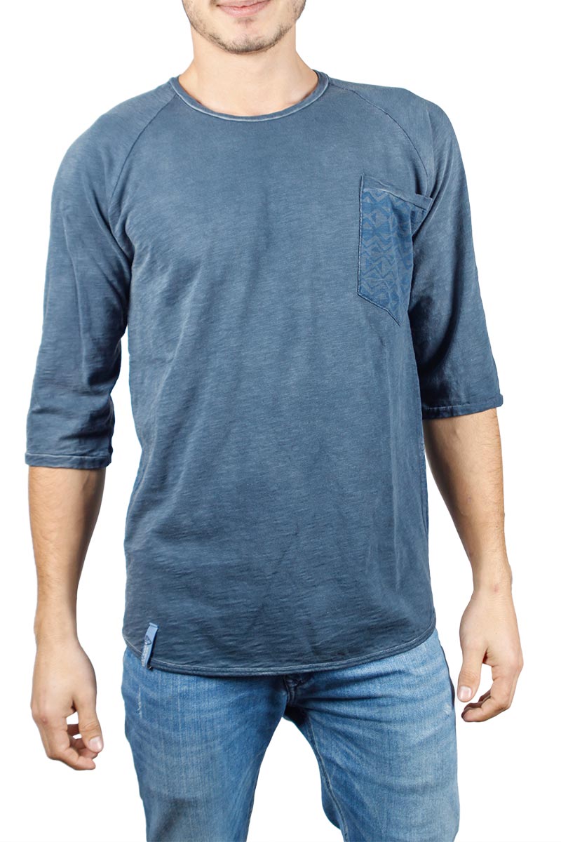 Best Choice ανδρική μπλούζα μπλε πετροπλυμένη με τσεπάκι