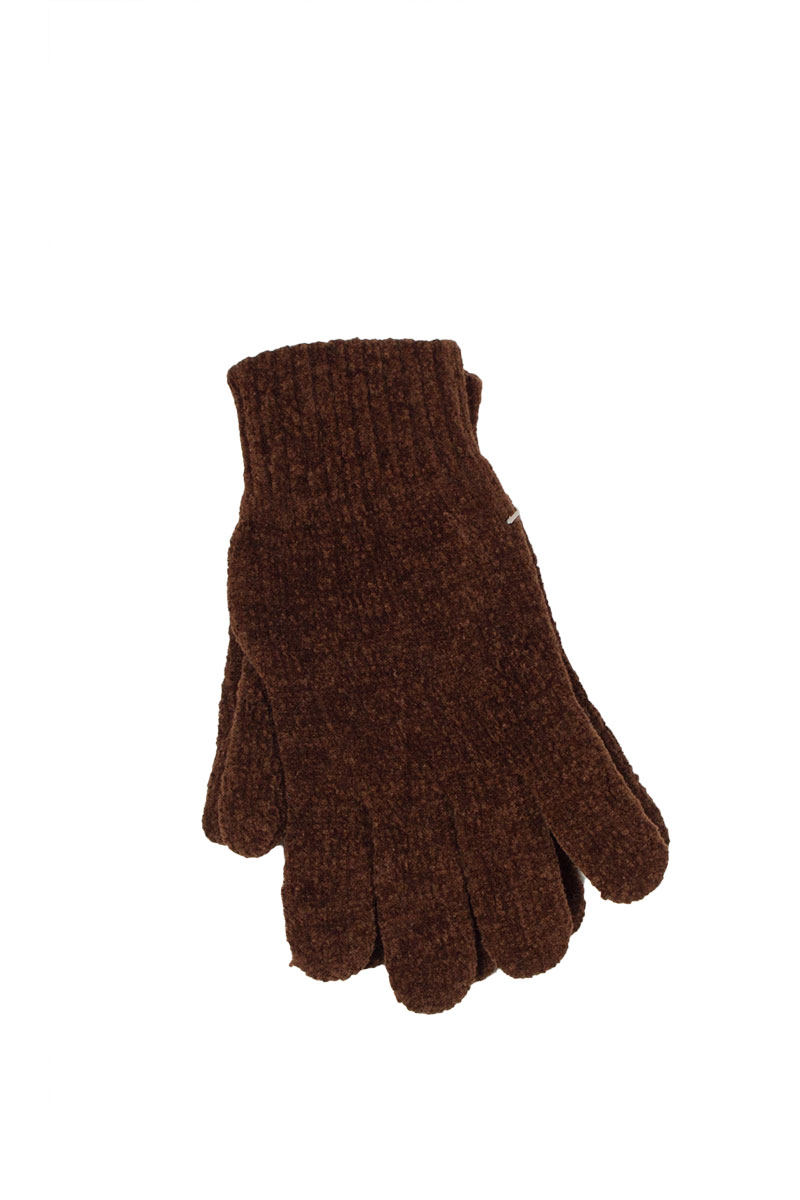 Γυναικεία βελουτέ πλεκτά γάντια καφέ