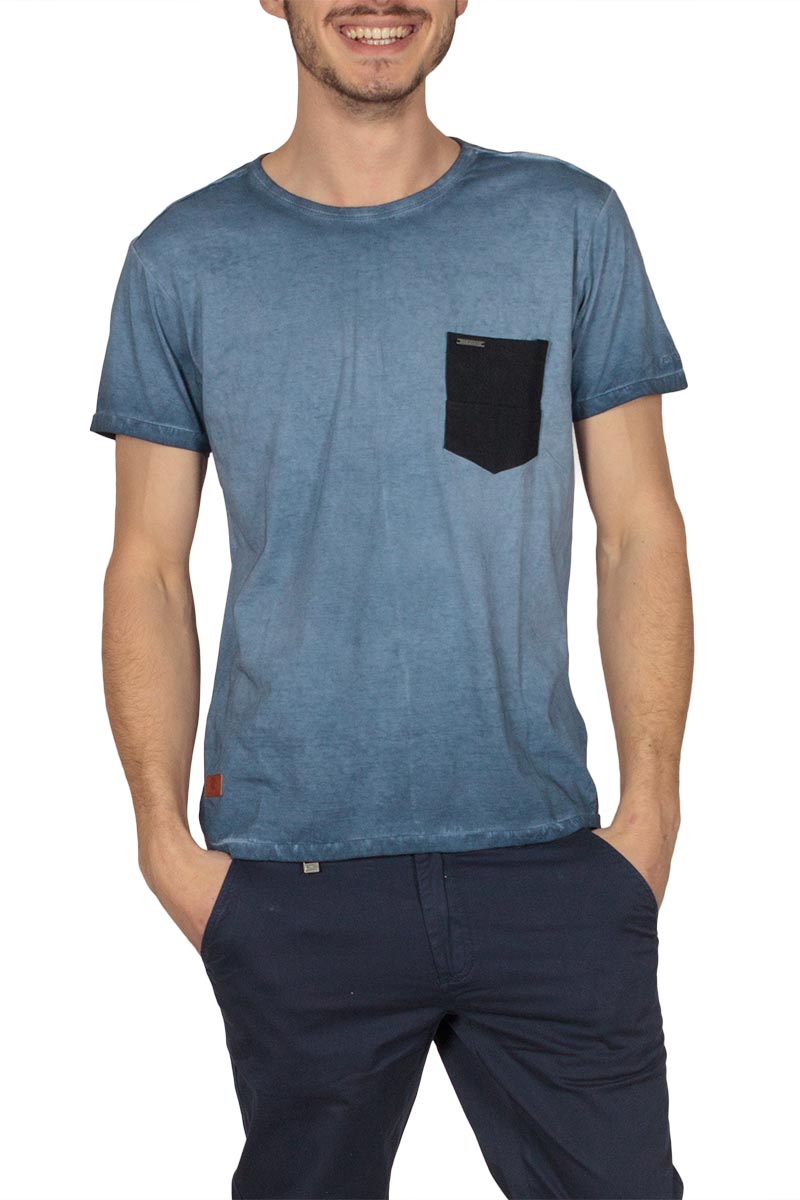 Ryujee ανδρικό T-shirt πετροπλυμένο μπλε με κοντράστ τσέπη