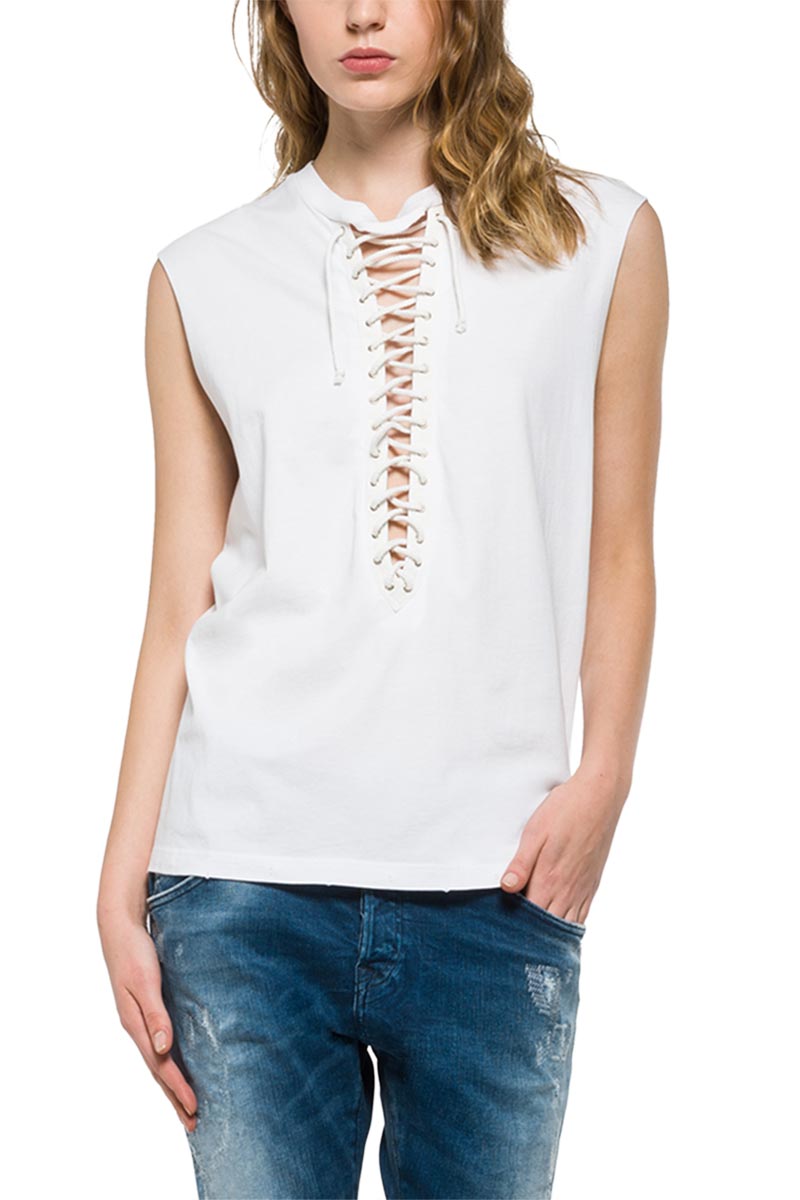 Replay cotton lace-up top white