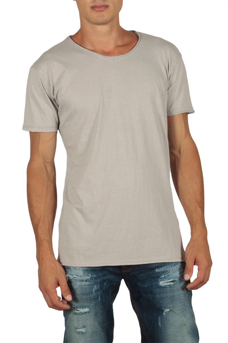 Ανδρικό longline t-shirt γκρι μελανζέ με V