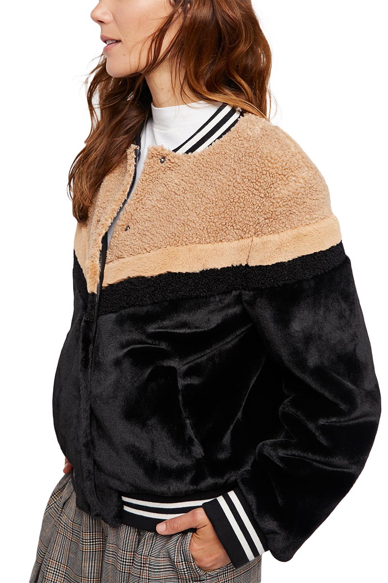 Free People Mixed Faux fur bomber jacket black