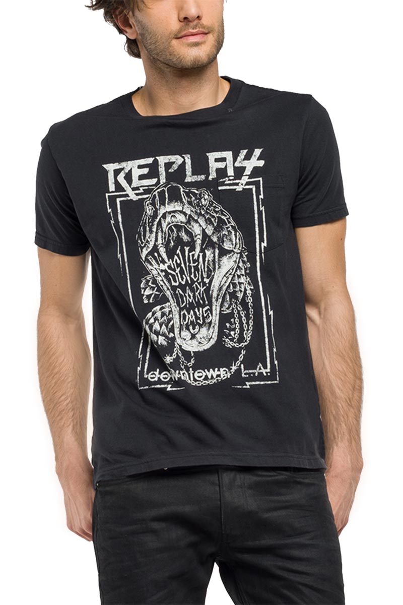 Replay print T-shirt μαύρο
