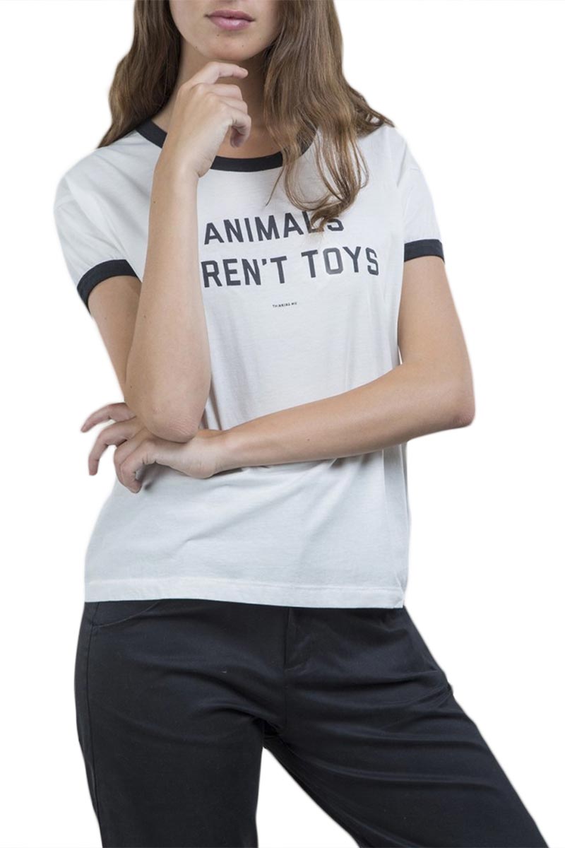 Thinking Mu Animals aren't toys retro t-shirt white
