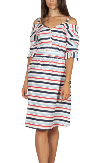 Migle + me έξωμο φόρεμα ριγέ με τρουακάρ μανίκια