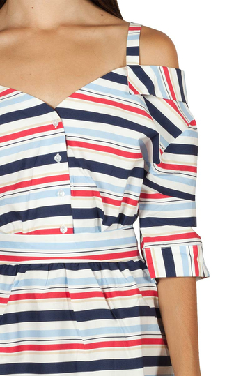 Migle + me έξωμο φόρεμα ριγέ με τρουακάρ μανίκια