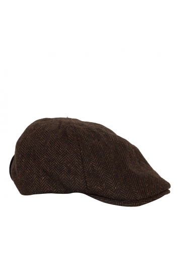 Wool flat cap in brown herringbone tweed