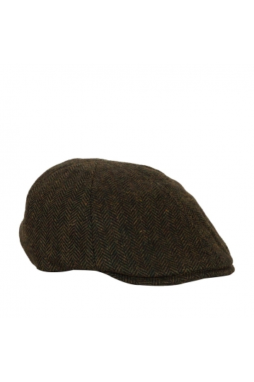 Wool flat cap in olive herringbone tweed
