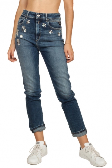 Replay Neneh high waist jeans medium dark rhinestone detail