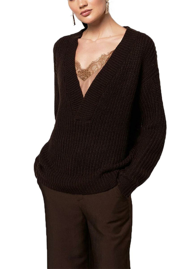 Rut & Circle Melody V-neck knit dark brown