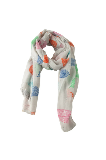 Scarf light grey with colorful leaves and sequins