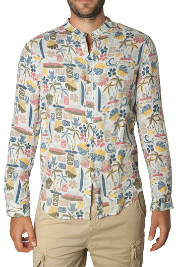 Men's printed linen shirt with Mao collar