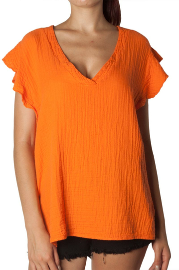 Ruffle sleeve crinkle top orange