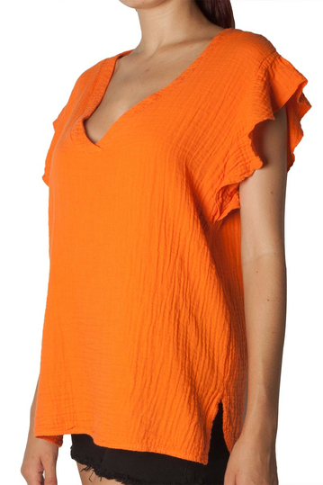 Ruffle sleeve crinkle top orange