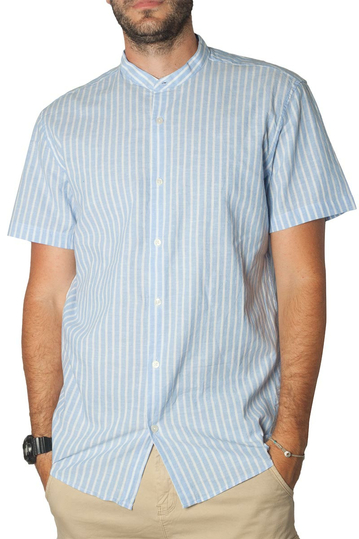 Cotton-linen blend striped shirt with Mao collar