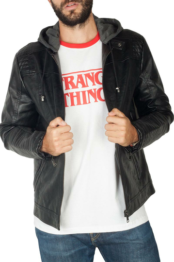 Biker μπουφάν δερματίνη μαύρο με κοντράστ κουκούλα