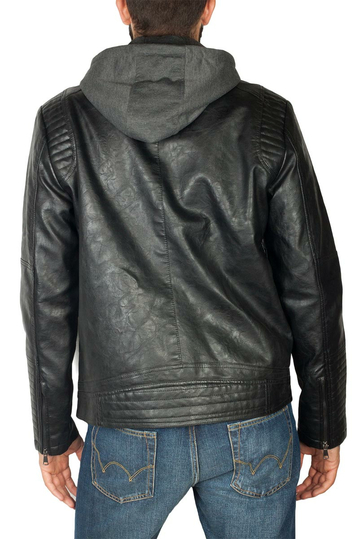 Biker μπουφάν δερματίνη μαύρο με κοντράστ κουκούλα