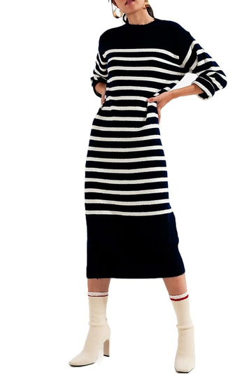 Q2 knitted long dress in blue stripe