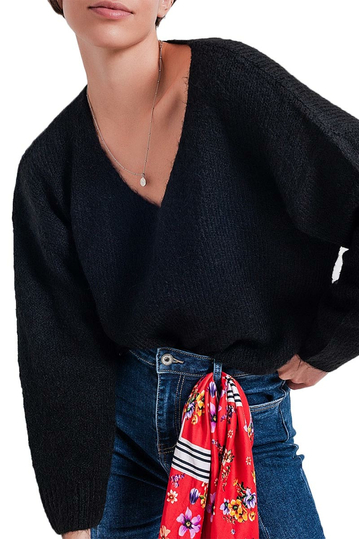 Q2 χνουδωτό πουλόβερ με V-λαιμόκοψη μαύρο