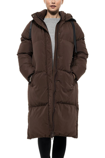 Biston long puffer jacket with hood chocolate