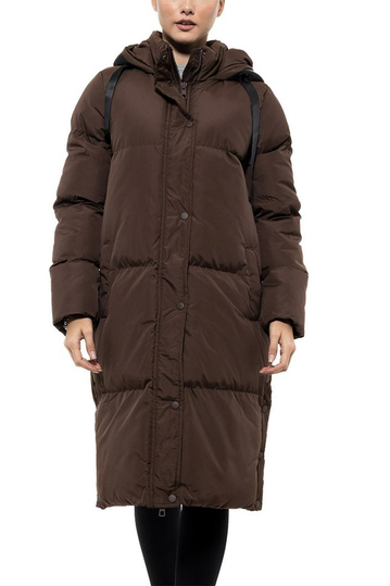 Biston long puffer jacket with hood chocolate