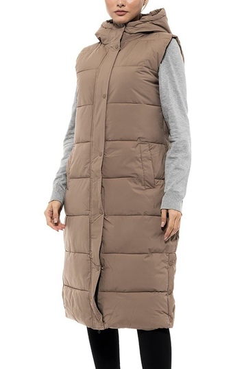 Biston long gilet dark beige with hood