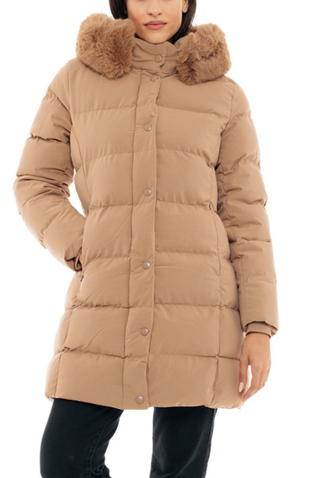 Biston long puffer jacket with hood camel