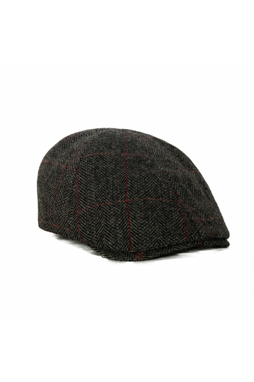 Herringbone wool flat cap grey with red stripe