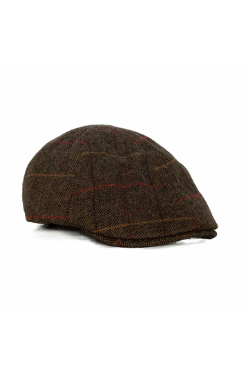 Herringbone wool flat cap brown with red stripe