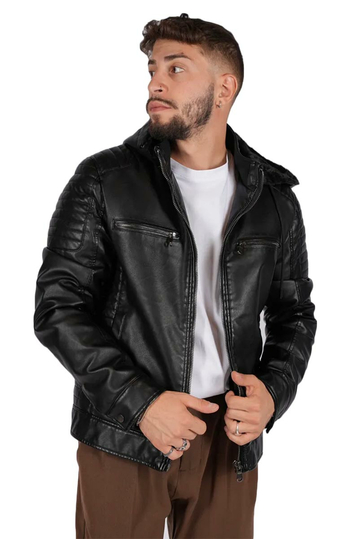 Men's faux leather jacket with detachable hood