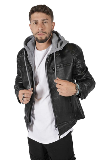 Men's faux leather jacket with detachable sweat hood